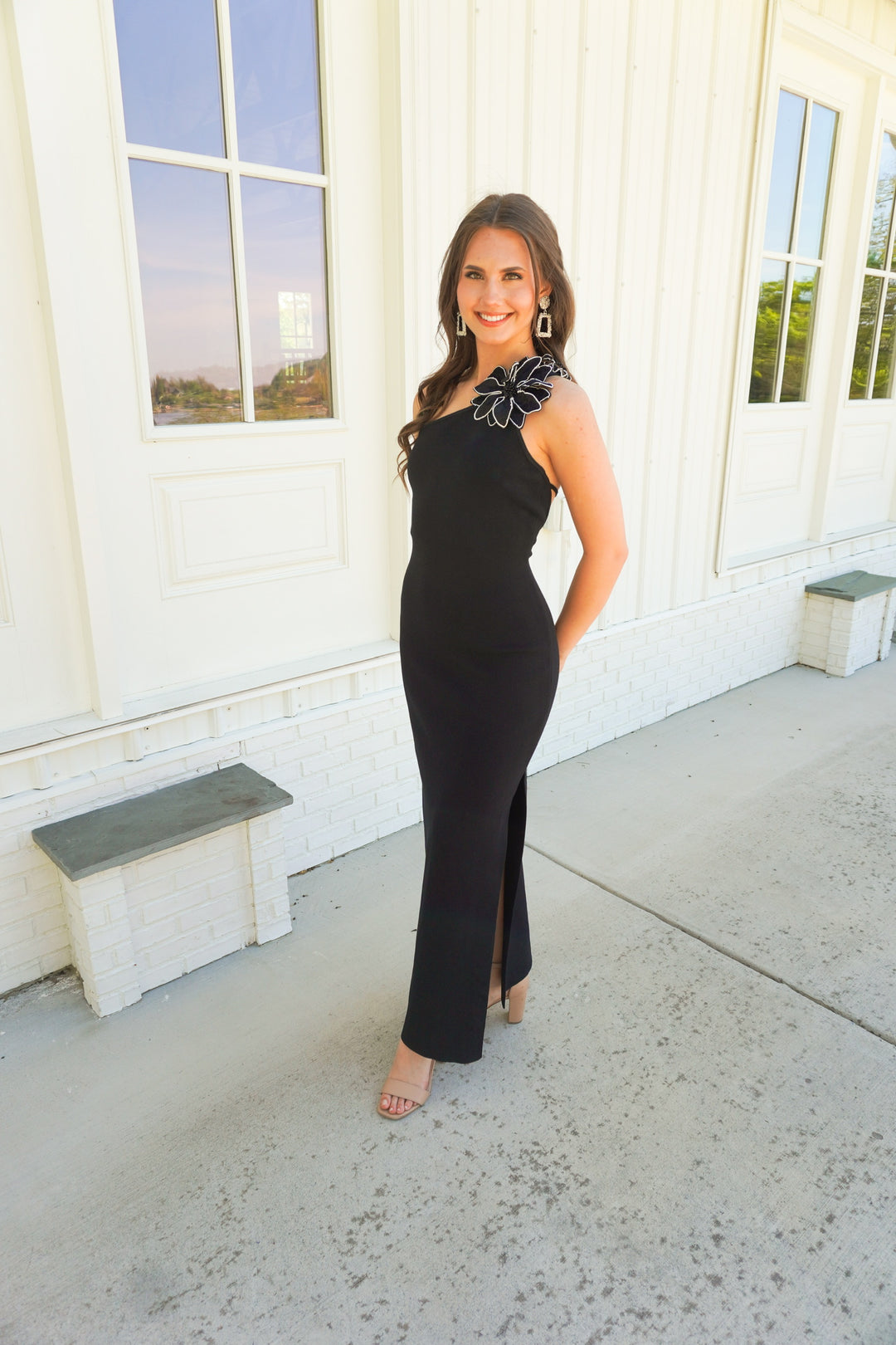 one shoulder detail dress One Shoulder Bardot Crystal Maxi Dress Black White
