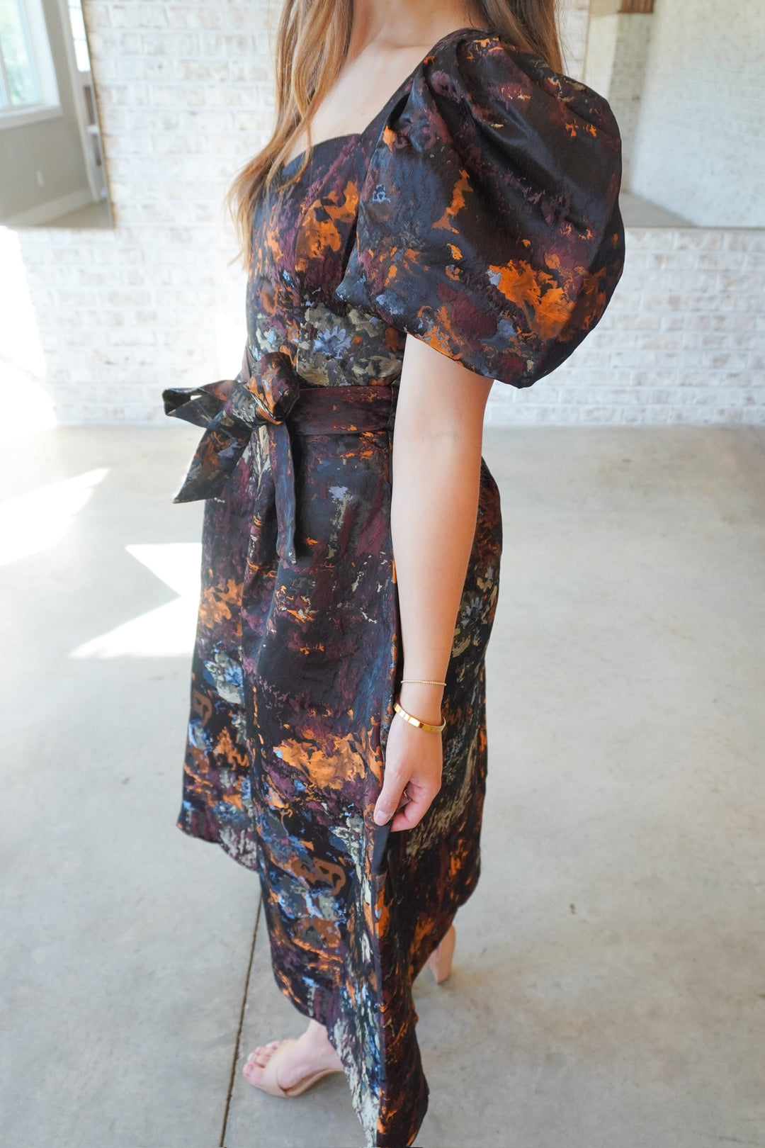 Mural Sweetheart Puff Sleeve Midi Dress – Azlinn Hope