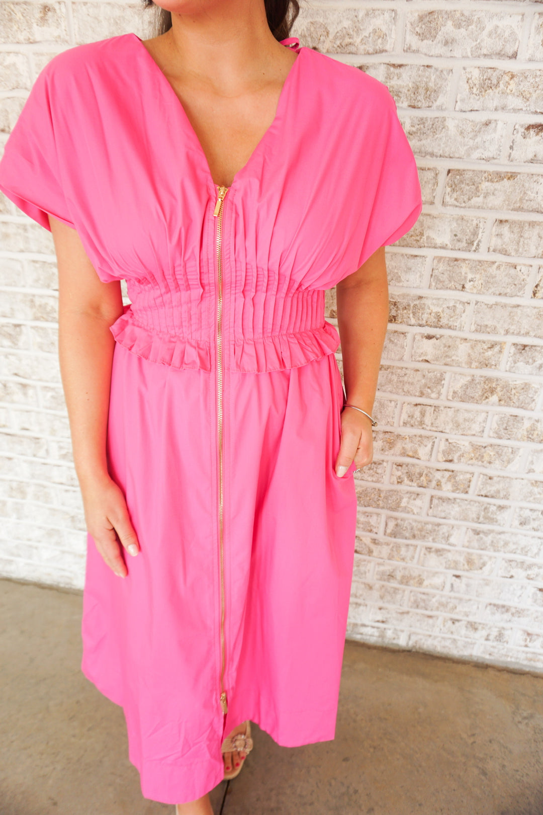 pink zipper dress SSYS The Zoey Ruffle Collar Neon Zipper Dress In Pink *FINAL SALE*