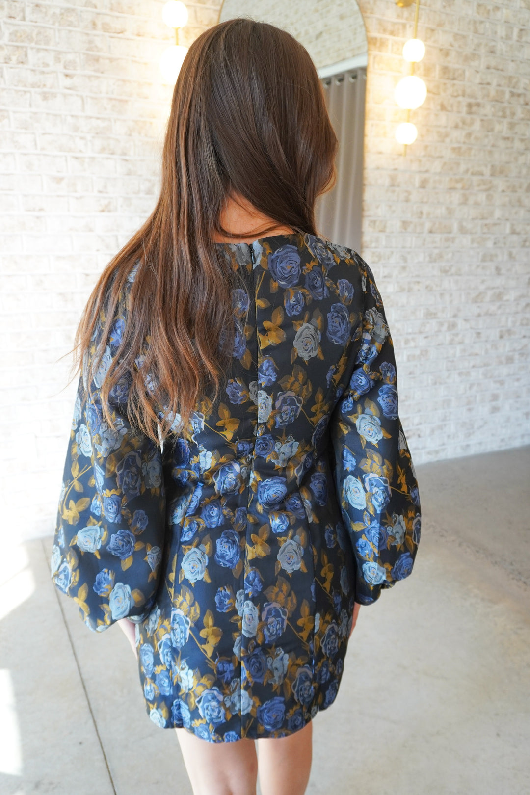 Blue Rose Garden Balloon Long Sleeve Mini Dress – Azlinn Hope