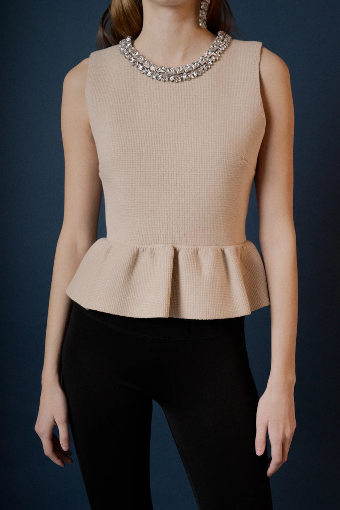 Jewel Trim Neck Peplum Knit Top – Azlinn Hope