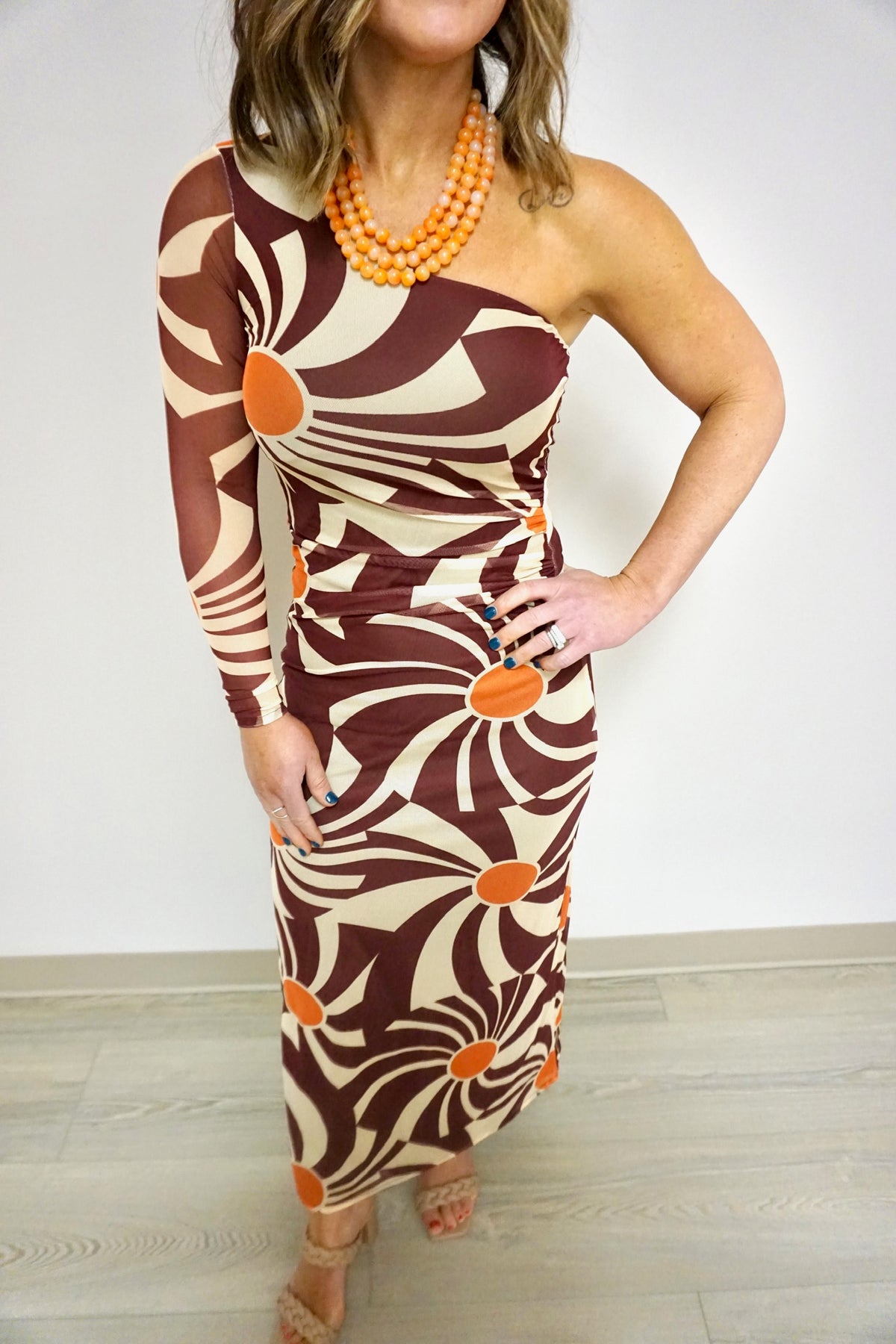 Brown Sunset Cut-Out One-Shoulder Tulle Maxi Dress Azlinn Hope Brown Sunset Cut-Out One-Shoulder Tulle Maxi Dress Azlinn Hope