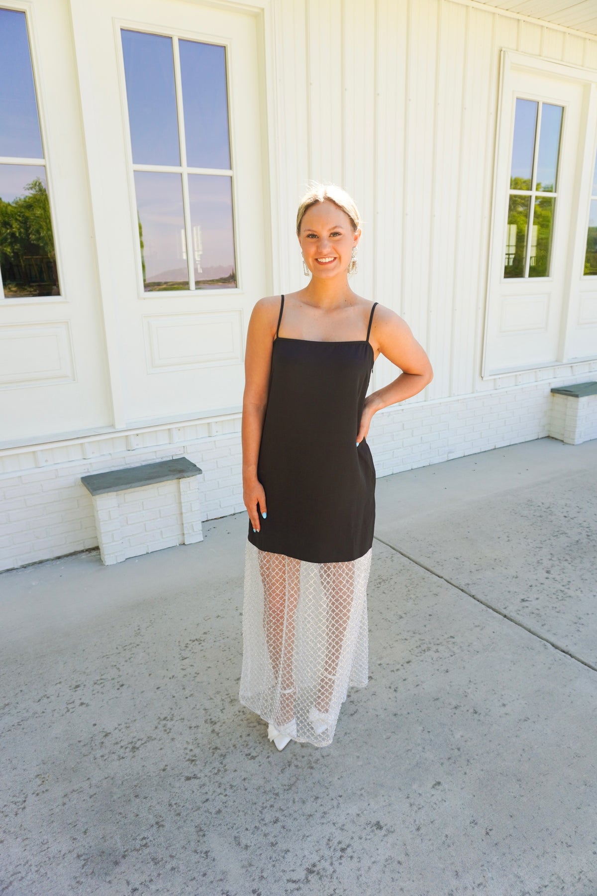 mixed media cocktail dress Mixed Media Tulle Square Neck Sleeveless Midi Dress