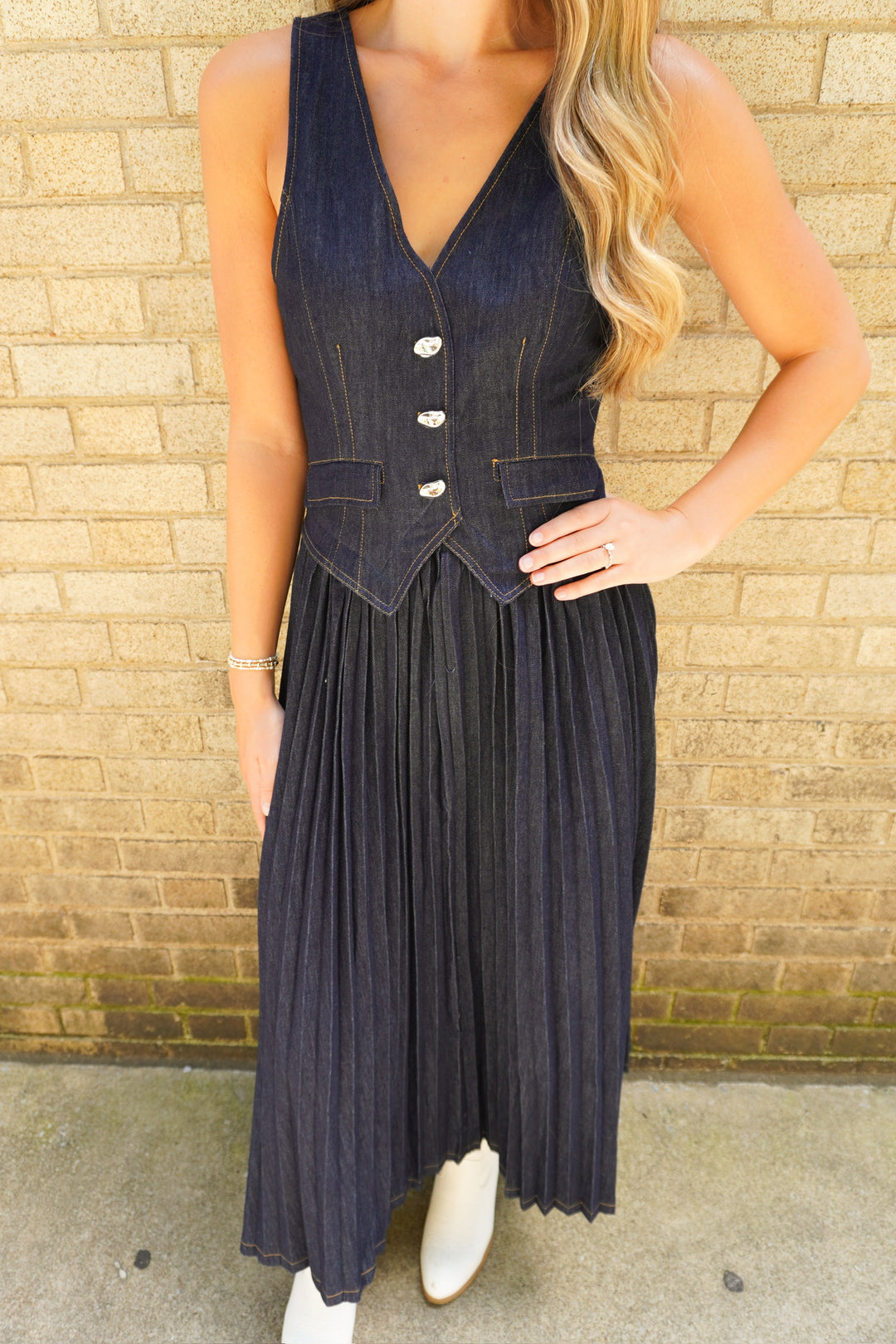 reformation celeste denim maxi dress Pleated Vest – Azlinn Hope Special Occasion Long Formal Dresses & Runs large in the Size:Petite-16