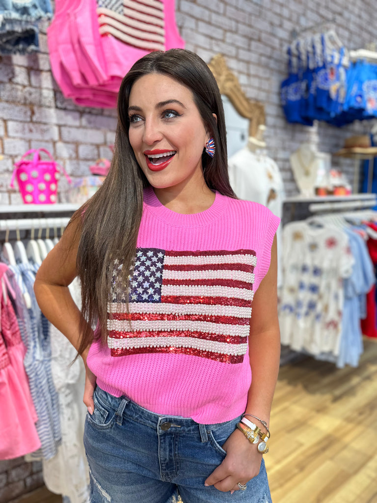 Neon Pink American Flag Sweater Tank