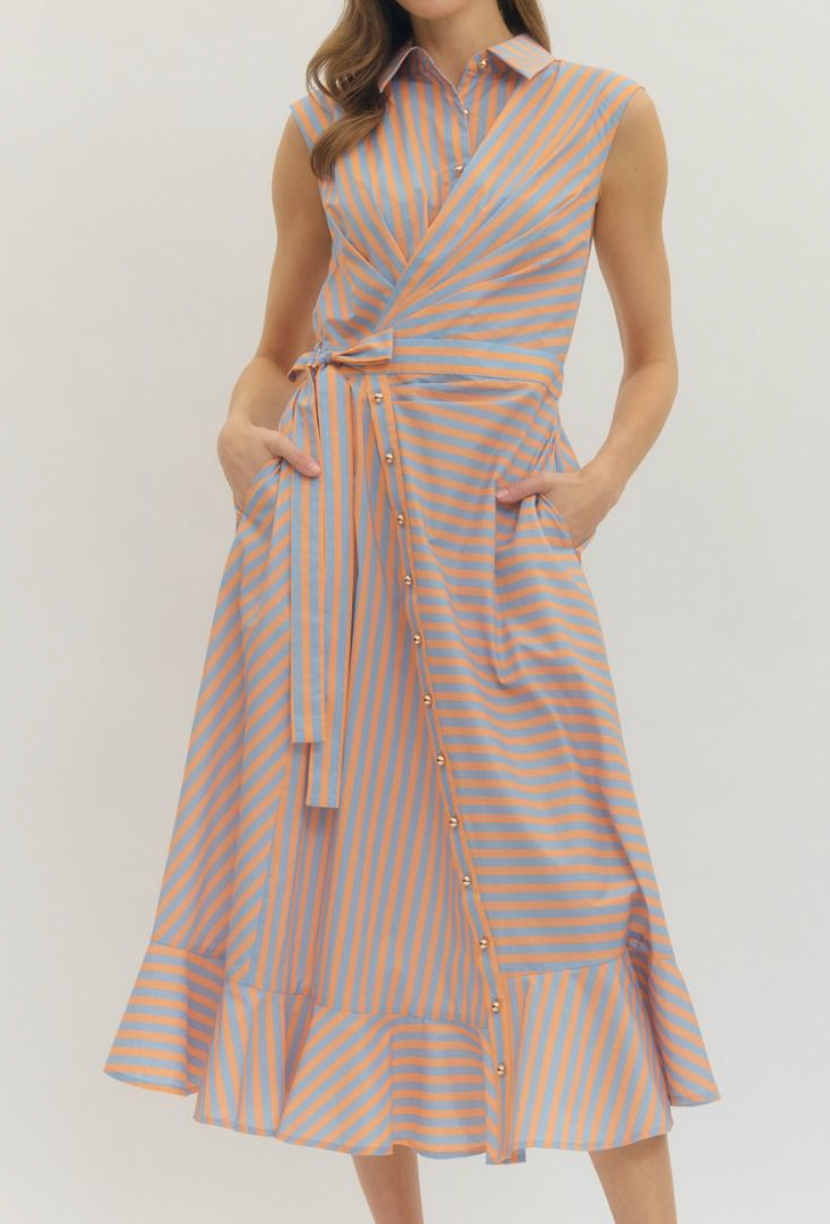 striped sleeveless midi dress Striped V-Neck Sleeveless Midi Dress for Day to Night