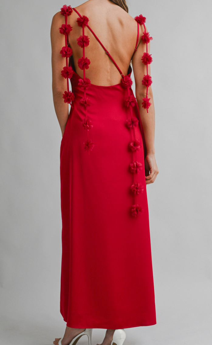 red dress cowl neck Aleah Satin Cowl Neck Floral Strap Detail Maxi Dress S