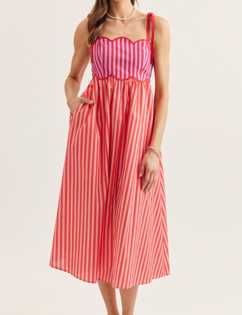 knee length dresses for ladies She+Sky White and Ruby Striped Sleeveless Midi Dress main image 0