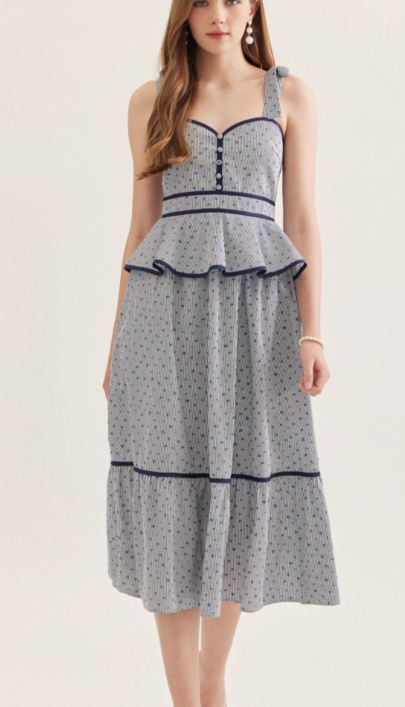 Millie Printed Peplum Tie Strap Midi Dress M