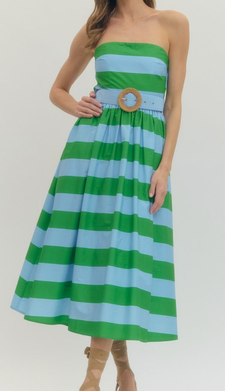 green stripe strapless dress Caroline Striped Belted Midi – Azlinn Hope Color_Off White