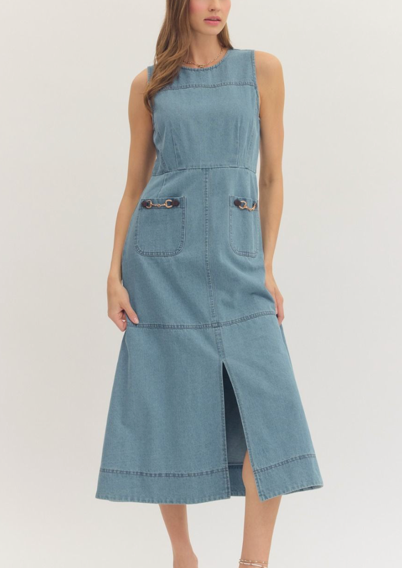 midi dress with pocket Denim Horsebit Pocket Midi Dress L