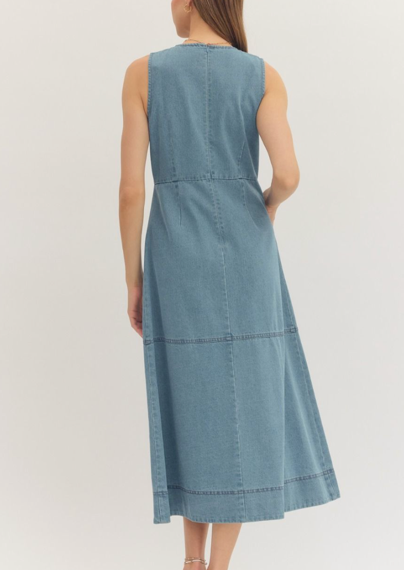 sleeveless midi dress with pockets Denim Horsebit Pocket Midi Dress L