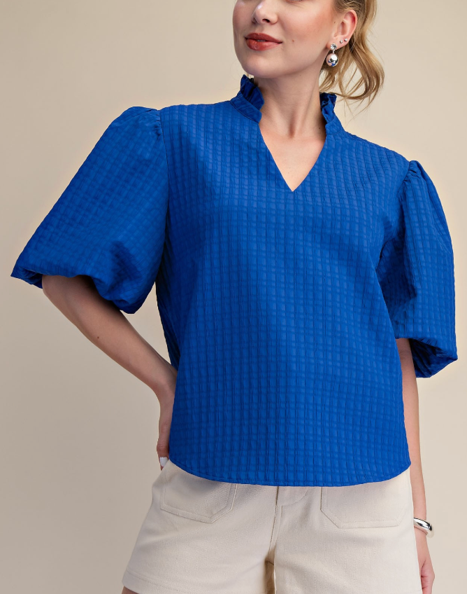 Puff Sleeve Ruffled Neck Textured Fabric Top – Azlinn Hope