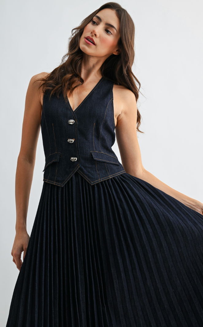 denim pleated dress Cinq Sept Women's Esther Denim Pleated Midi-Dress - Indigo