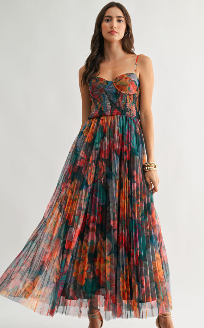 flower tulle dress Hattie Pleated Floral Tulle Maxi Dress – Azlinn Hope
