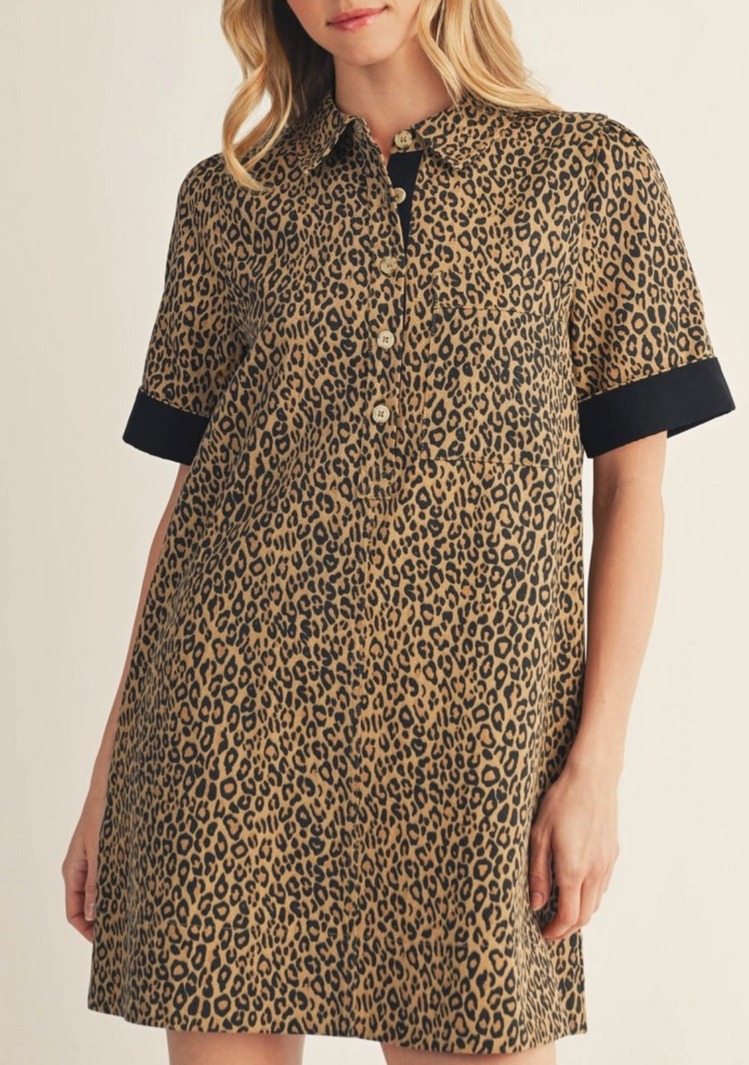 Color Contrast Accent Leopard Mini Dress Beige / L