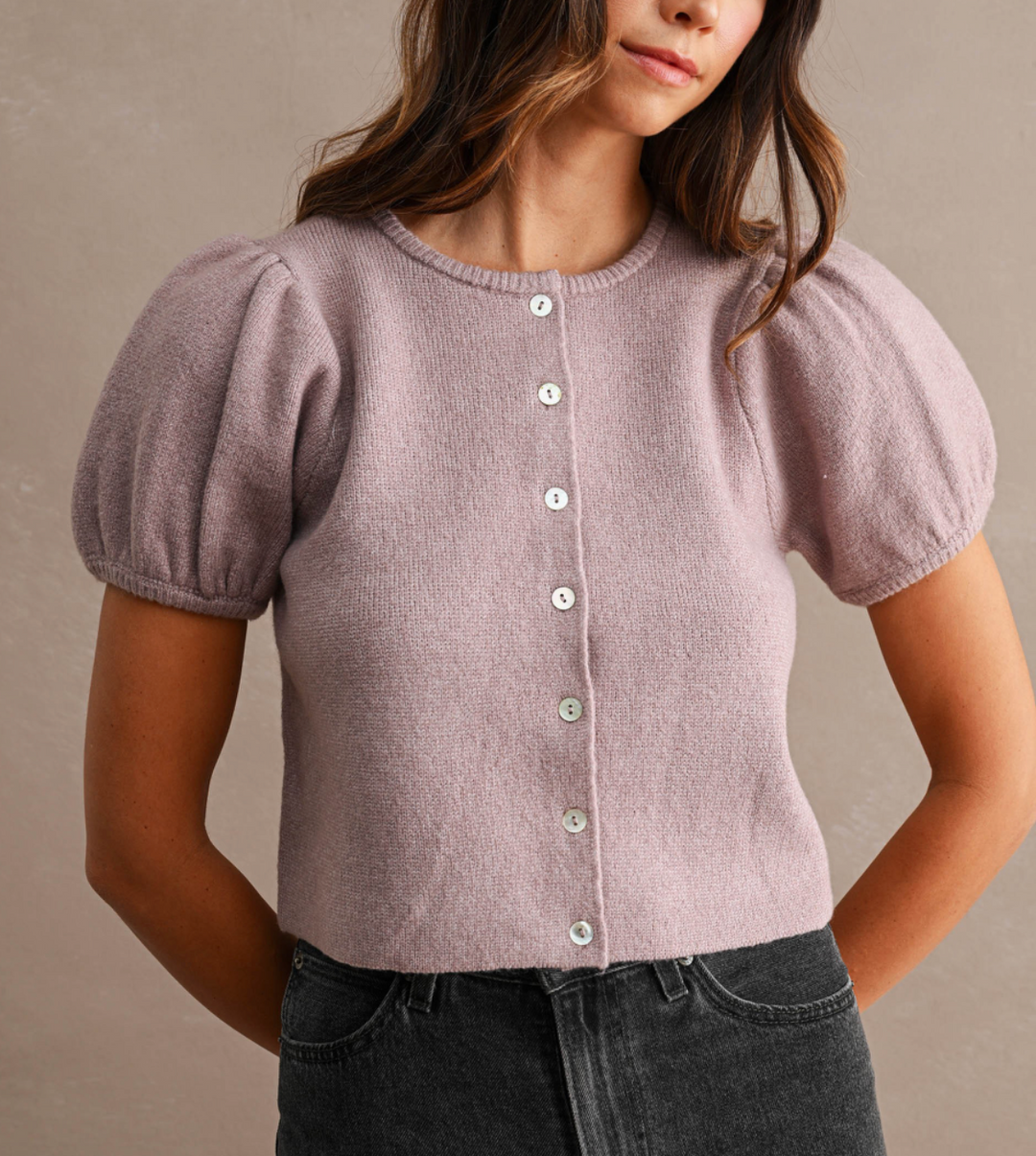 Solid Short Puff Sleeve Button Down Knit Cardigan Top – Azlinn Hope